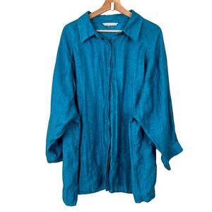 Peter Nygard Womens Size 22 Linen Blend Turquoise Blue Long Sleeve Button Up Top